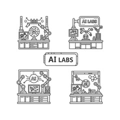 Wall Mural - AI Labs: Four different lab setups with robotic arms and monitors.