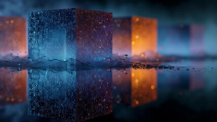 Wall Mural - A series of cubes are reflected in the water, creating a sense of depth and movement. The cubes are illuminated by a light source, adding a sense of drama and intrigue to the scene