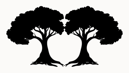 two symmetrical trees with dense foliage and exposed roots in a black silhouette against a white bac