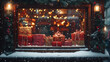© syhin_stas - Festive Christmas shop window at night. Displaying wrapped gifts on a snow-covered sill. Decorated with twinkling lights and surrounded by snow-dusted fir trees. Creating a magical holiday atmosphere
