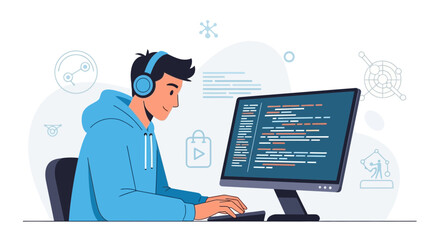 Coding illustration showing a programmer working on software development vector design