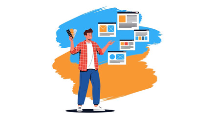 Graphic Designer Choosing Colors and Working on Website Design Concepts and Layouts