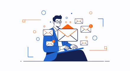 Illustration of a man typing emails, representing communication and digital work