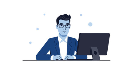 Illustration of a man with glasses working on his computer in a blue suit