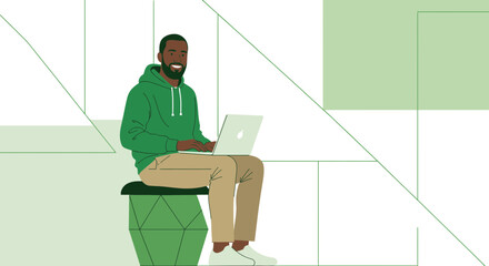 Illustration of a man working on a laptop computer, perfect for technology and business