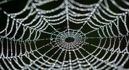 Intricate spiderweb covered in sparkling dew drops on a dark background