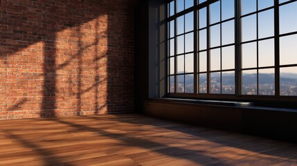 Wall Mural - Modern industrial interior with large windows showcasing a city skyline at sunset, highlighting natural light