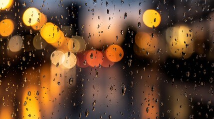 Wall Mural - Raindrops on a window reflecting city lights during twilight, creating a serene urban atmosphere