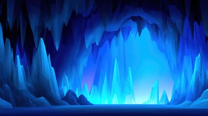 Wall Mural - Stunning ice cave with sharp crystalline formations reflecting blue light, creating a mystical atmosphere