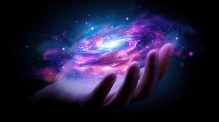 Wall Mural - A hand cradles a vibrant galaxy, symbolizing the connection between humanity and the cosmos