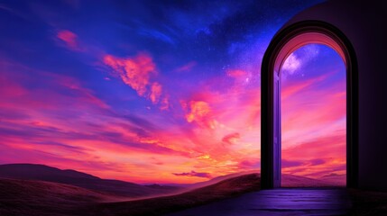 Wall Mural - A vibrant sunset view through an archway, showcasing colorful clouds and distant hills in twilight