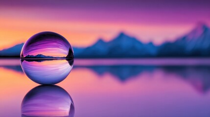 Wall Mural - A crystal-clear sphere reflecting a vibrant sunset over tranquil mountains and calm waters, evoking serenity