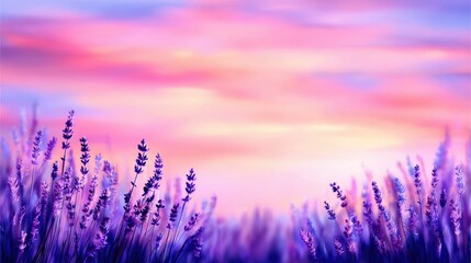 Wall Mural - Serene lavender field under a pastel sunset sky, creating a tranquil atmosphere for relaxation