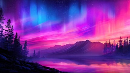 Wall Mural - Vibrant auroras illuminate a serene landscape with mountains and a reflective lake at twilight