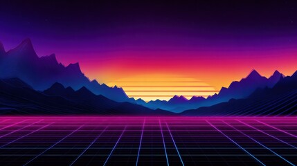 Wall Mural - Vibrant retro landscape featuring mountains at sunset with a grid foreground and colorful sky