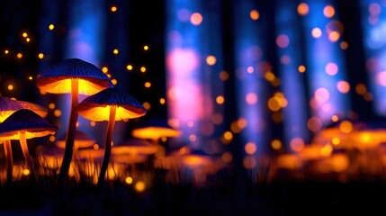 Wall Mural - Enchanted forest scene featuring glowing mushrooms amidst a vibrant, colorful backdrop of trees and lights
