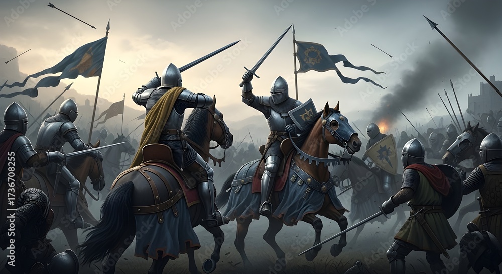Foto de Stock Medieval knights battlefield clash, Epic knight horse ...