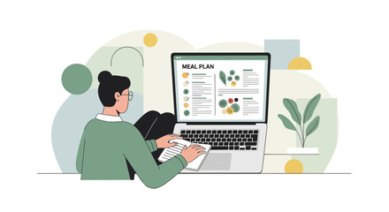 Person Reviewing Meal Plan On A Laptop, Lifestyle Concept, Healthy Food Choices, Digital Planning