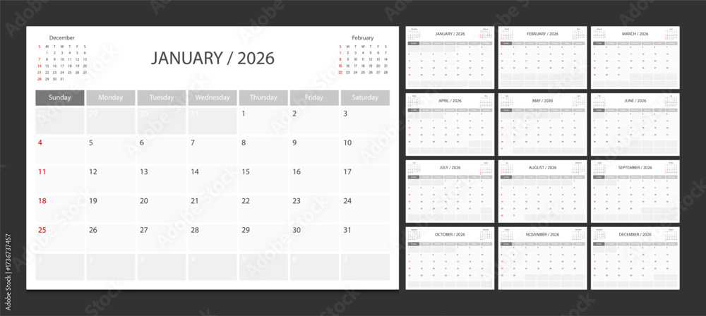 Calendar 2026 week start Sunday corporate design planner template ...