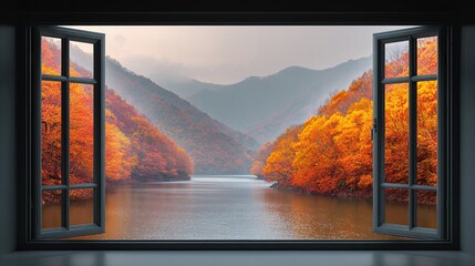 Wall Mural - Autumn view through an open window showcasing a serene lake surrounded by mountains adorned with fall foliage, creating a tranquil, colorful vista.