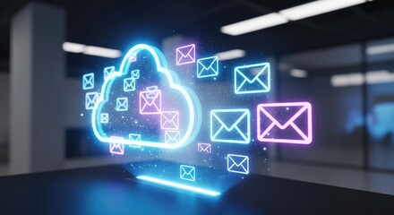 Digital cloud technology with colorful mail icons representing communication.