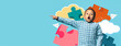 © Prostock-studio - A child in a checked shirt is joyfully pointing to the side, showcasing enthusiasm. Vibrant puzzle pieces and clouds form a playful backdrop, emphasizing a fun learning environment.