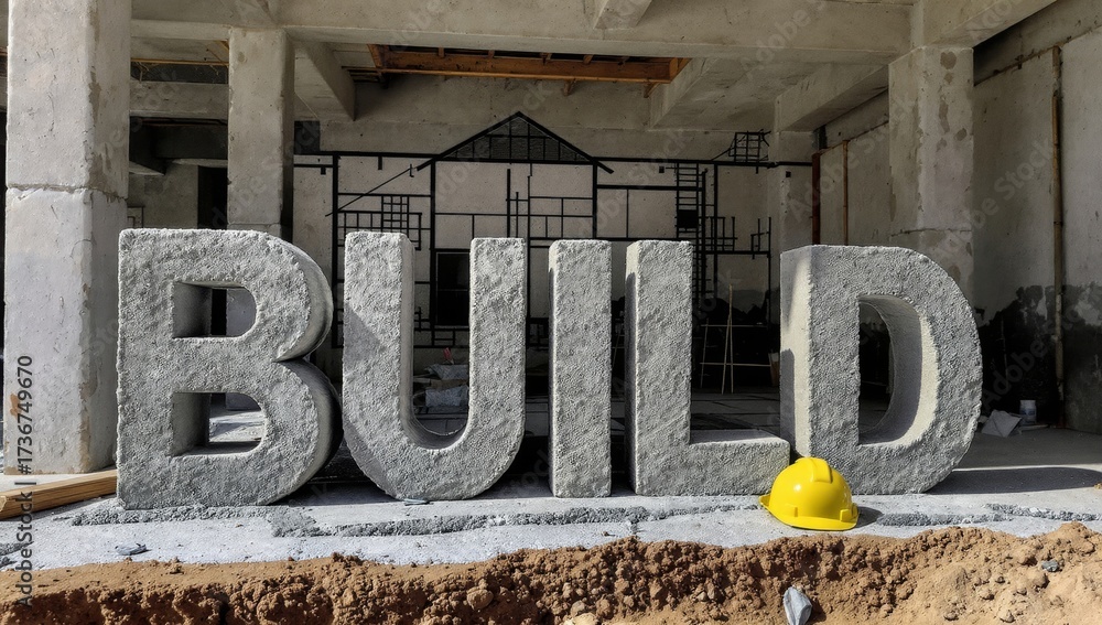 Construction action building a house blueprint with rough concrete ...