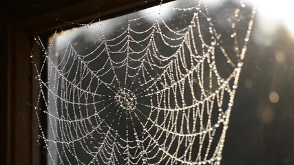 Garden Spider on a Dew Covered Web in Morning Sunlight.