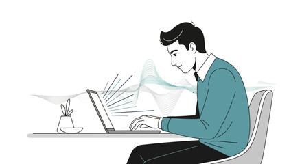Man working on laptop at desk with abstract background modern flat illustration