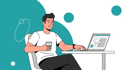 Man working with laptop and coffee vector illustration of a person, modern style