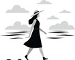 © OKAN - Woman walking on beach wearing hat and dress with clouds in black and white vector design