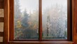 © Miguel - textured foggy window panes with streaking condensation and warm wooden frame on a cold day