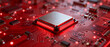 © SIMANG - A close-up view of a computer processor on a red circuit board with glowing red elements, representing modern technology.