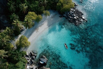 Wall Mural - Explore a stunning tropical paradise with turquoise waters and lush greenery in an aerial view of a serene beach and small boat, captured during daylight hours