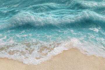 Wall Mural - Gentle waves lap against a pristine white sand beach under a bright sun at midday on a calm day in a tropical paradise