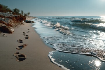 Wall Mural - Footsteps trace the sandy shoreline of a tranquil beach as gentle waves lap at the water's edge during a serene sunrise