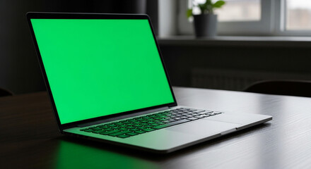 Modern laptop displaying vibrant green screen on wooden desk, offering versatile design and advertising possibilities for tech and business projects