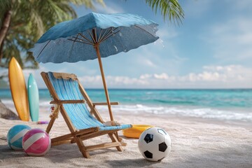 Wall Mural - Relaxing beach setup with umbrella, chairs, surfboards, and colorful beach balls by the water on a sunny day
