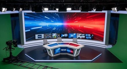 Dynamic news studio with a massive LED screen and professional camera equipment, perfect for modern broadcast and virtual production