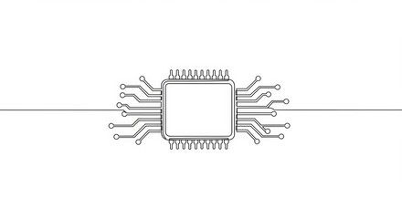 Elegant minimalist single line drawing of a microchip against white background