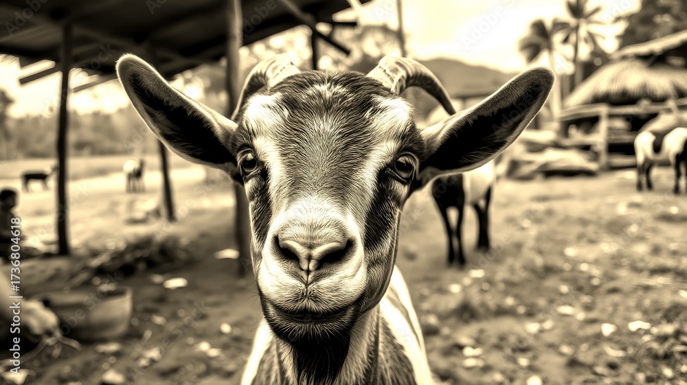 Goat looking directly at the camera in a rural farm setting among other ...