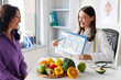 © Home-stock - Woman dietologist showing patient mature woman medical chart during consultation in clinic office, discussing prescriptions