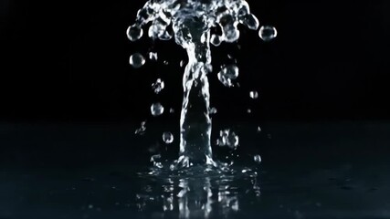 Wall Mural - A dramatic close-up of a slow motion water column rising from an unseen impact, captured with shallow depth of field against a dark backdrop explosion, contrast, focus