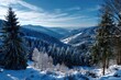© Iftikhar alam - Majestic panorama of a snowy winter landscape showcasing evergreen trees and rolling hills under a clear blue sky