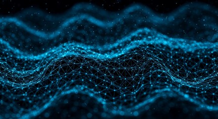 Wall Mural - Abstract Blue Network - Digital Waveform of Connected Dots and Lines on Black Background.