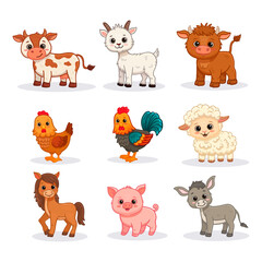 Wall Mural - set of funny cartoon farm animals: donkey, cow, horse, sheep, chicken, rooster, pig, rooster, hen, goat, bull in flat style. Vector illustration
