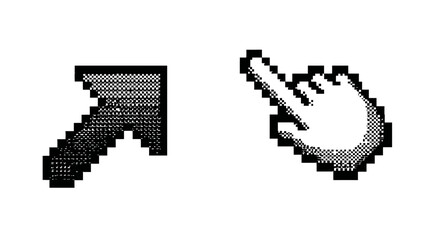 Two retro pixelated cursors, arrow and hand, in black and white. Concept for user interface, digital art, and gaming design