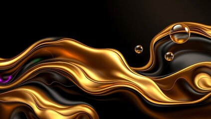 Abstract golden fluid wave with bubbles on black background, luxury design