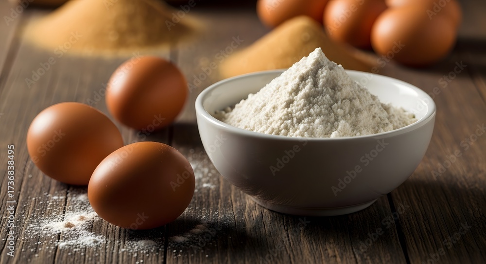 Still life of a bowl of flour with eggs and spices on a rustic wooden table with warm tones and a shallow depth of field.