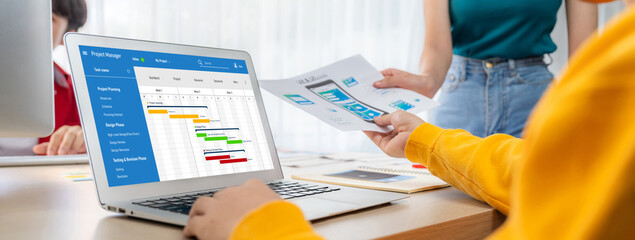 Wall Mural - Project planning software for brisk business project management on the computer screen showing timeline chart of the team project